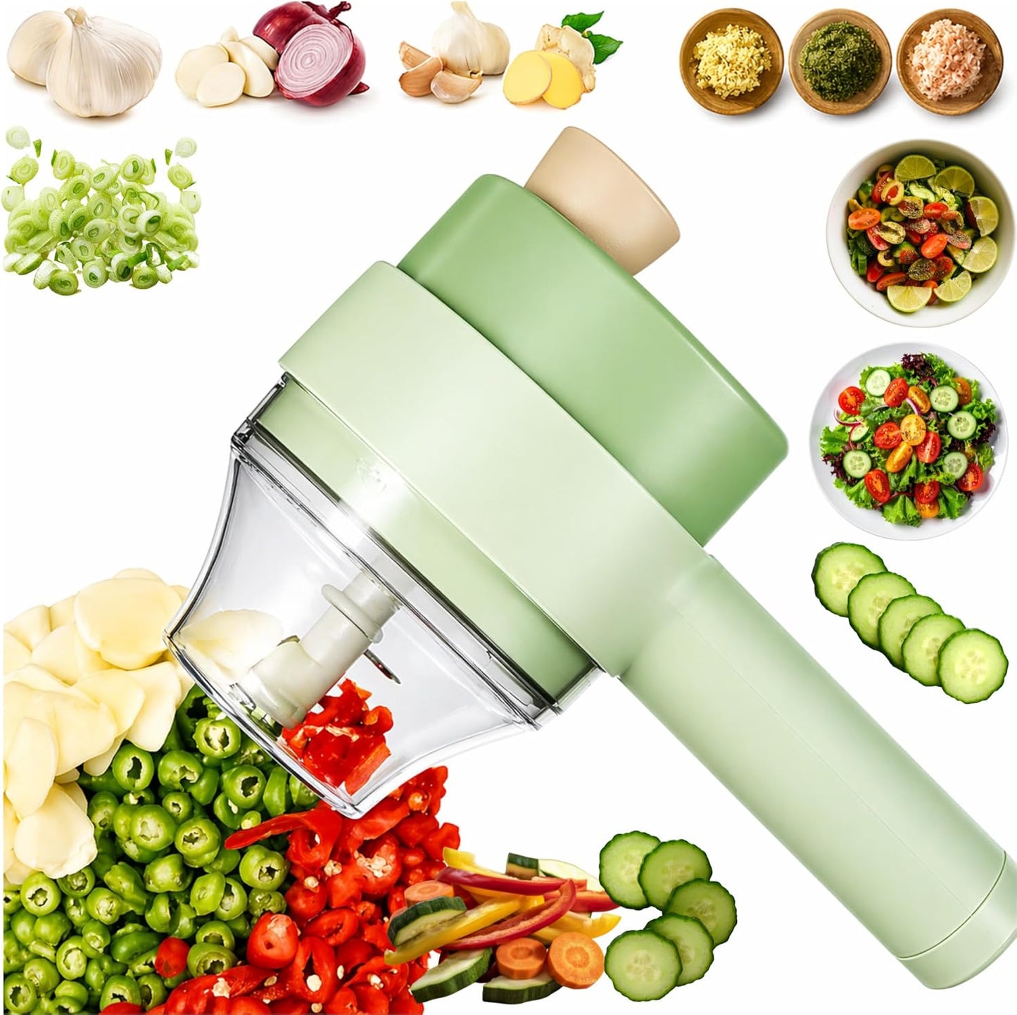 4-in-1 Electric Vegetable Chopper – Chop, Slice, Whisk & Mince with Ease